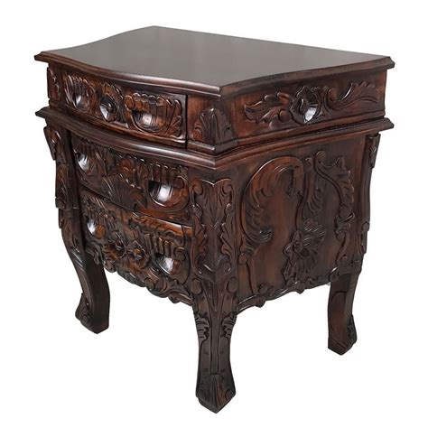 Solid Mahogany Wood 3 Drawers Rococo Bedside Table Bedroom Furniture