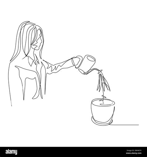 Continuous One Line Woman Is Watering A Plant In A Pot The Concept Of