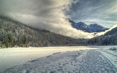 Photos Hdr Winter Nature Mountains Sky Snow Forests Clouds 1920x1200
