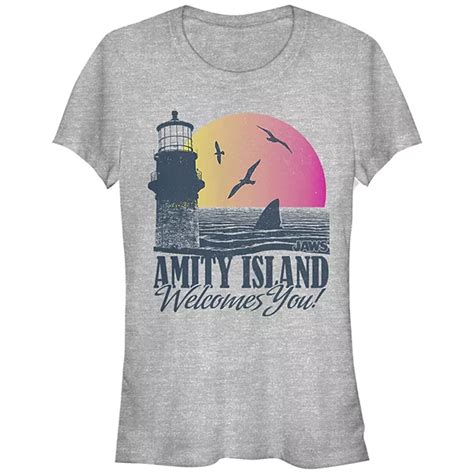 Juniors Jaws Amity Island Welcomes You Shark Fin Sunset Fitted Graphic Tee