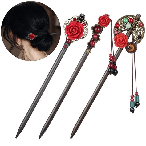 Yaazi 3 Pieces Japanese Chinese Hair Stick Retro Wooden Hairpin Flower