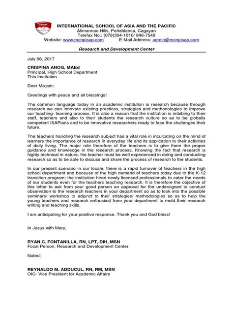 Prior to a project being started, a letter of authorization to conduct research will likely be required. Research Letter to the High School Principal | Teachers ...