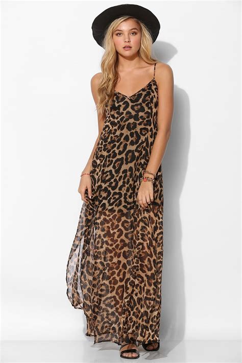 Women's summer casual loose long dress strapless strap cold shoulder short sleeve split maxi dresses with pocket. Reverse Leopard-print Chiffon Maxi Dress in Animal (BROWN ...