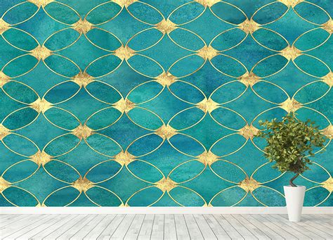 Teal And Gold Abstract Pattern Wall Mural Wallpaper Canvas Art Rocks