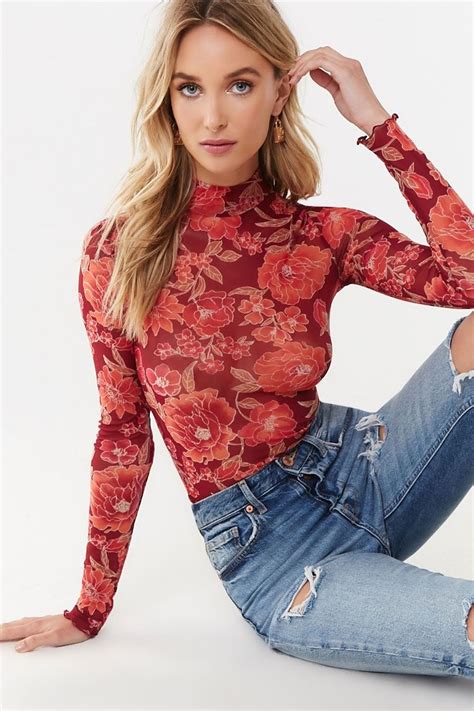 Floral Mesh Top Forever Floral Mesh Top Forever Tops Womens