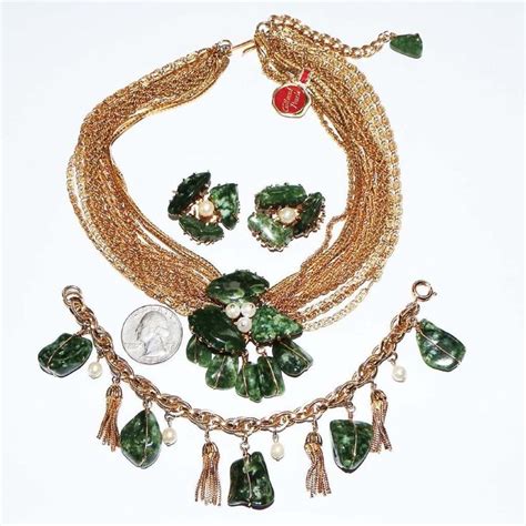 Vintage Kramer Cultured Pearl Jade Gold Necklace Bracelet And Clip