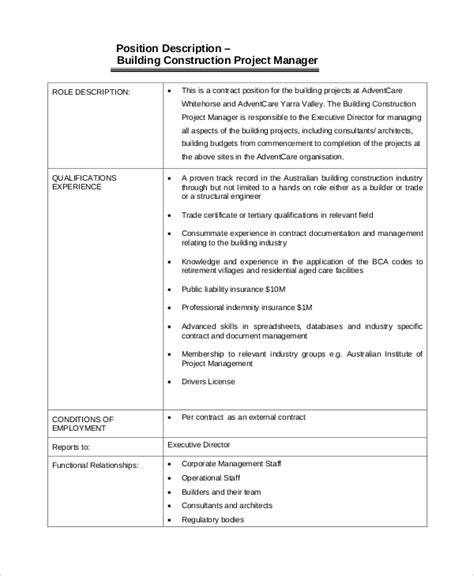 Free 11 Sample Construction Project Manager Job Description Templates