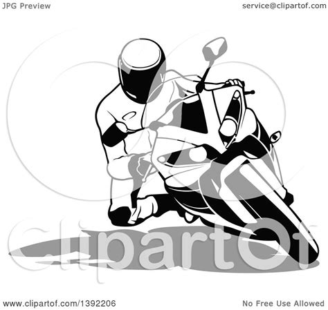 Clipart Of A Black And White Biker Turning On A Motorcycle Royalty