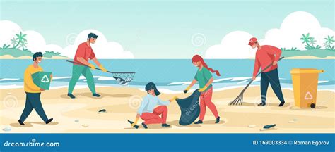 People Cleaning Beach Cartoon Characters Collecting Trash And Save The