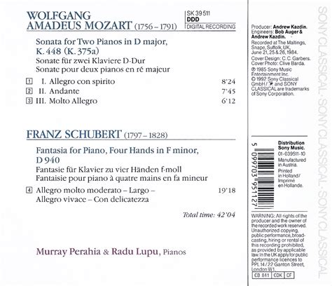 Murray Perahia Radu Lupu Mozart Sonata For 2 Pianos Schubert