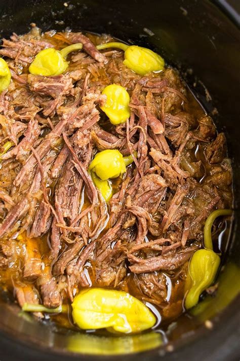 5 lb chuck roast 1 packet powdered ranch dip mix 1 packet powdered brown gravy mix 1/2 cup stick of butter 6 pepperoncinis. Slow Cooker Mississippi Pot Roast Recipe | Slow cooker mississippi pot roast, Pot roast recipes ...
