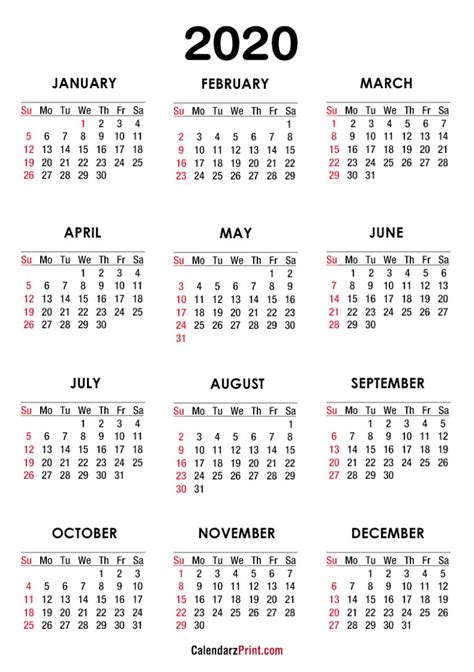 2020 Calendar Printable Free White Sunday Start Calendarzprint