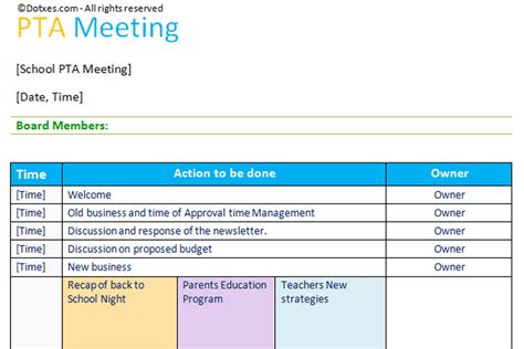 Pta Agenda Template Table Layout Dotxes