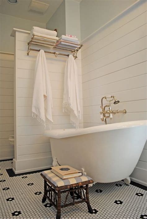 Cottage Full Bathroom With Clawfoot Penny Tile Floors