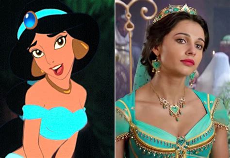 Naomi Scott As Princess Jasmine Aladdin Cartoon And Live Action Cast Side By Side Photos