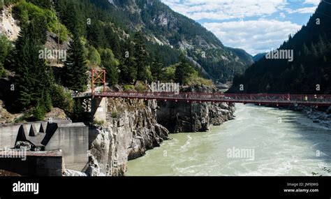 Red Bridge Connecting Two Canyons At Hells Gate British Columbia On A