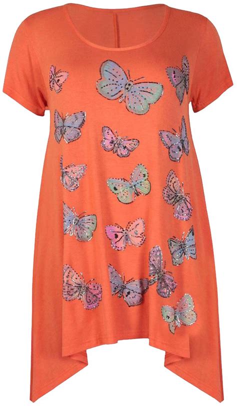 New Ladies Plus Size Hanky Swing Hem Short Sleeve Butterfly Tunic Tops
