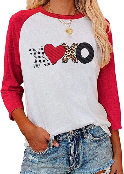 buy xoxo heart graphic t shirt women leoplaid plaid print valentines day shirt 3 4 sleeve raglan