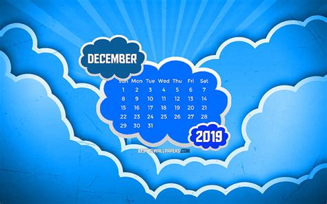December 2019 Calendar Blue Clouds Winter 2019 Calendar December