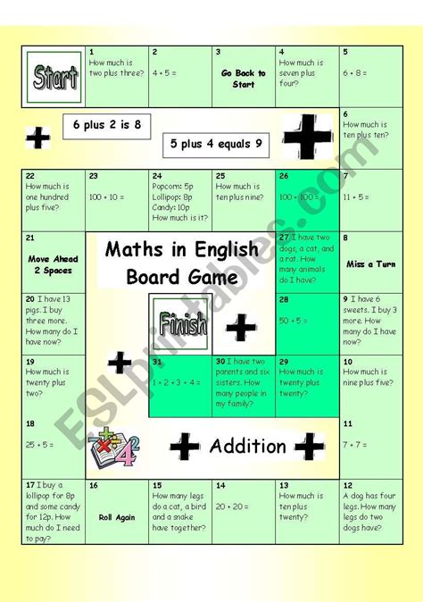 Board Game Maths In English Addition Easy Esl Worksheet By Philipr
