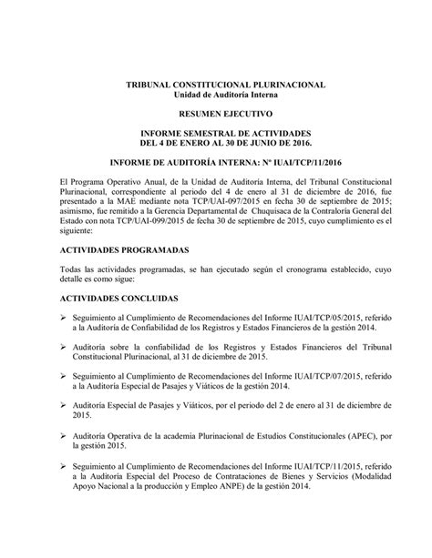 Informe De Auditoría Interna Nº Iuaitcp112016 Informe Semestral De