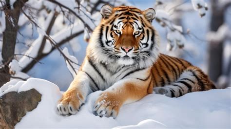 Premium Ai Image A Siberian Tiger Resting On A Snowcovered Rock In A