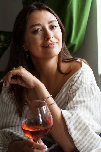 premium photo beautiful woman with glass of wine at the restaurant romantic dinner