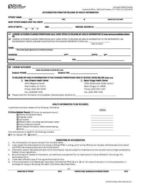 Planned Parenthood Authorization Form For Release Of Health Information