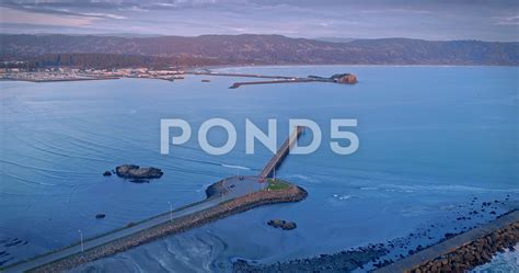 Aerial Drone View Flying Over Pier In Crescent City California Stock