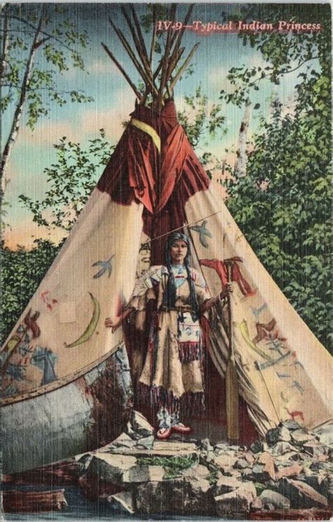 Indigenous Woman Teepee Typical Indian Princess 1940s Linen Postcard G65 Topics Cultures