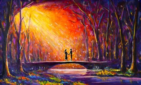 Lovers On Bridge In Woods At Night Romantic Rays On Lovers Love