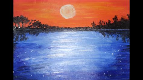 Acrylic Painting Of Beautiful Sunrise Landscape With Trees And See