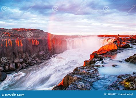 Charming Beautiful Waterfall Selfoss In Iceland With Rainbow Exotic