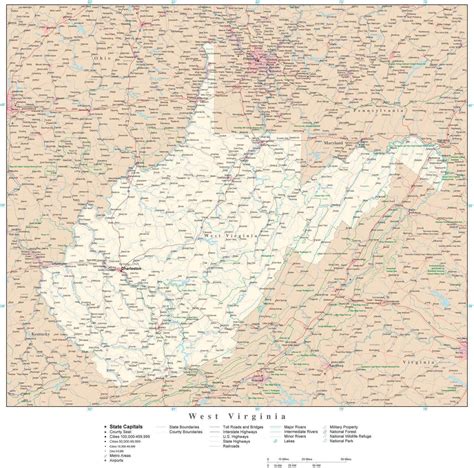West Virginia Detailed Map In Adobe Illustrator Vector Format Detailed