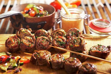 Grilled Roulade Skewers With Mediterranean Vegetables And Spicy Bbq