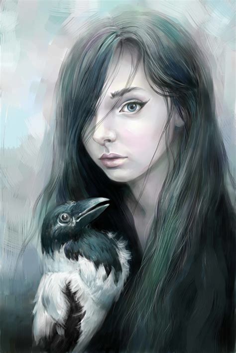 Picture Crows Gothic Fantasy Hair Girls Painting Art