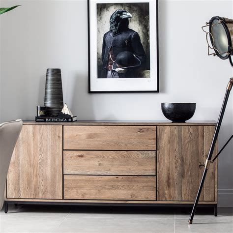 Bleu dénim, bleu nordique, chêne clair et. Buffet contemporain chêne massif encadrement métal noir ...