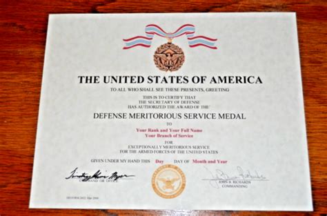 Defense Meritorious Service Medal Replacement Certificate United States