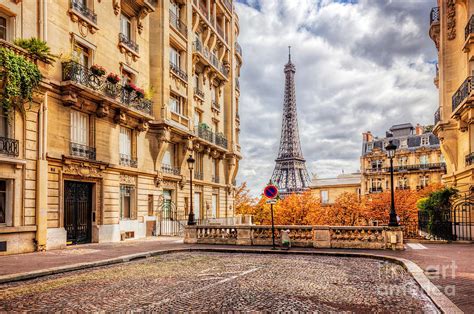 Eiffel Tower Seen From The Street In Paris France Cobblestone