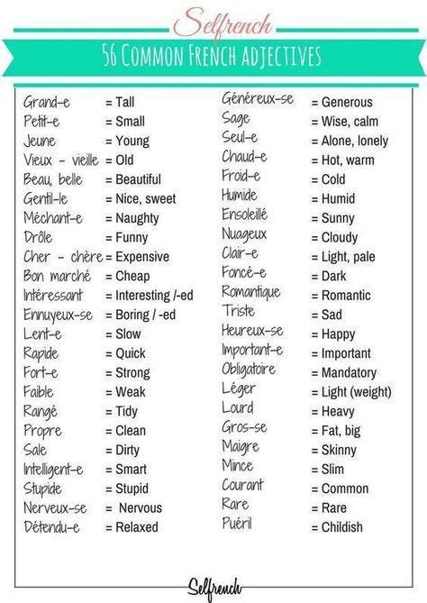 56 Common French Adjectives Apprendre Langlais Mots Français