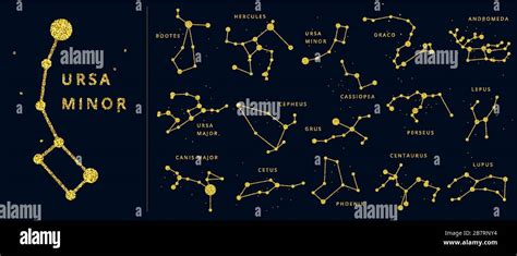 Vector Golden And Glitter Sparkle Celestial Constellations With Names