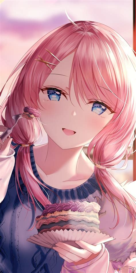 Download Cute Anime Girl Beautiful Eating Cake 1080x2160 Wallpaper