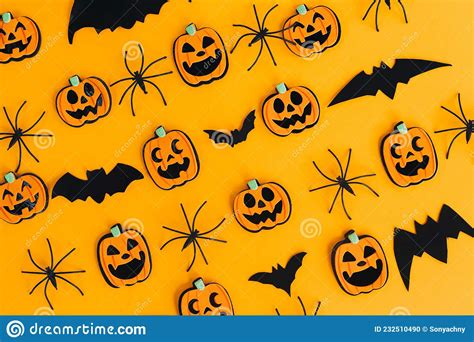 Happy Halloween Pumpkins Jack O Lantern Spiders And Bats Flat Lay On