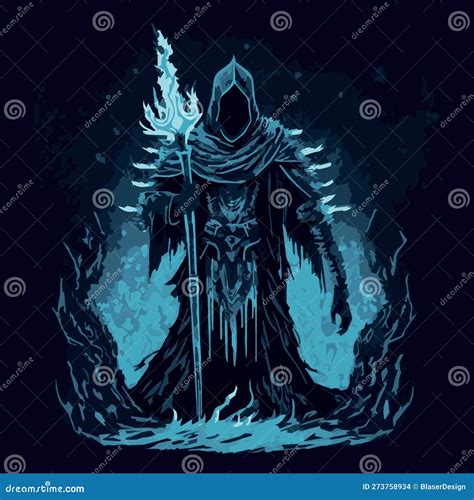 Frost Mage Vector Illustration. Dark Wizard. Fairytale Sorcerer Casting