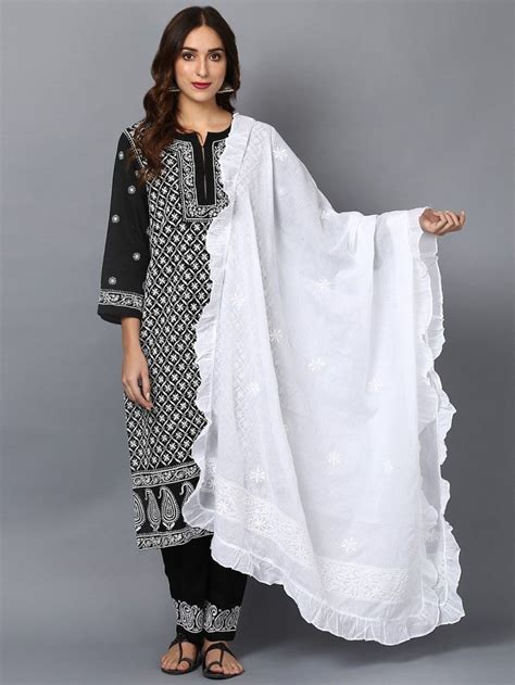 White Cotton Mulmul Chikankari Dupatta Plus Size Outfits Cotton Anarkali Women Shopping