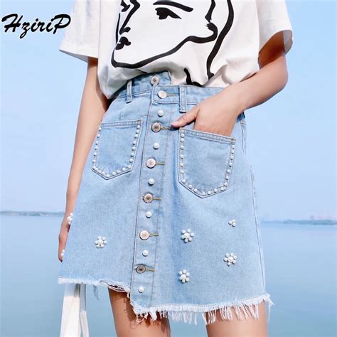 Hzirip New Denim Skirt Women 2018 Summer High Waist Short A Line Skirt Casual Beading Sexy Jean