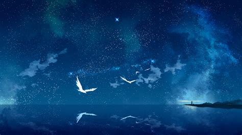Birds Near Sea Digital Wallpaper Sea Anemones Birds Anime Sky Hd