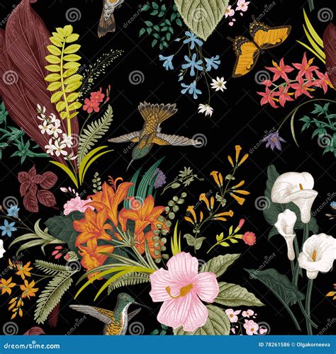 Vector Seamless Vintage Floral Pattern Exotic Flowers And Birds Stock
