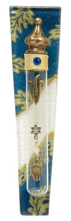 Blue And Gold Decoupaged Glass Mezuzah From Israel