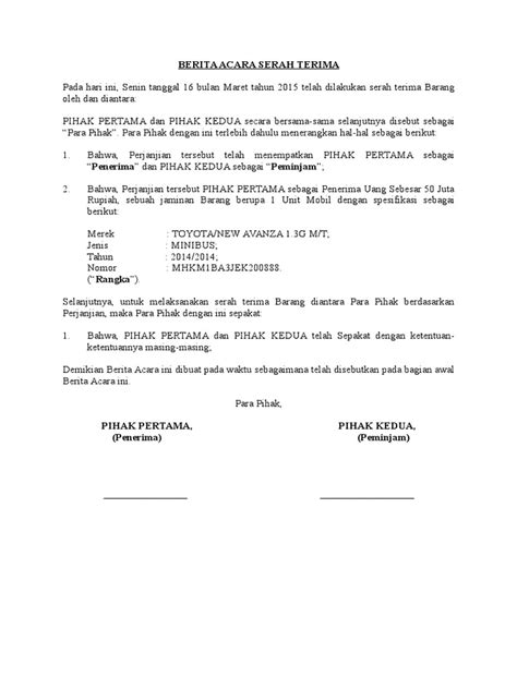 Contoh surat pernyataan serah terima barang. Contoh Berita Acara Serah Terima Barang